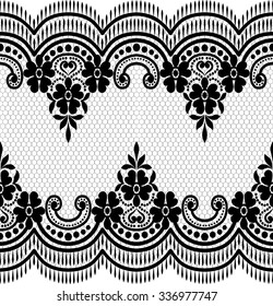 Lace black seamless pattern with flowers on white background