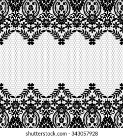 Lace black seamless pattern with flowers on white background