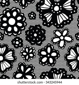 Lace black seamless pattern with flowers on white background