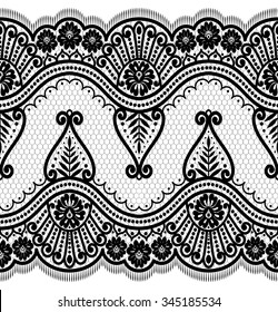 Lace black seamless pattern with flowers on white background