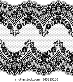 Lace black seamless pattern with flowers on white background