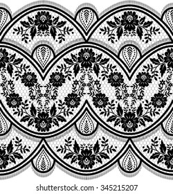 Lace black seamless pattern with flowers on white background