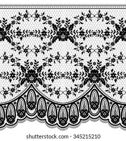 Lace black seamless pattern with flowers on white background