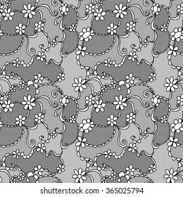 Lace black seamless pattern with flowers on white background