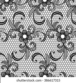 Lace black seamless pattern with flowers on white background