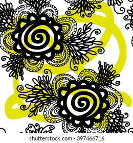 Lace black seamless pattern with flowers on white background. Boho style pattern. Ethnic motif.