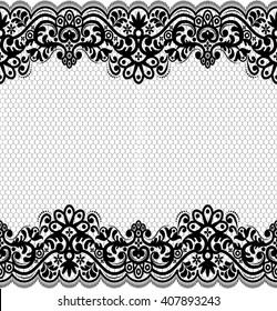 Lace black seamless pattern with flowers on white background