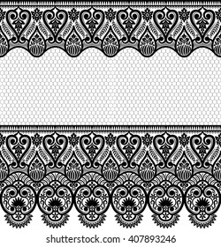 Lace black seamless pattern with flowers on white background