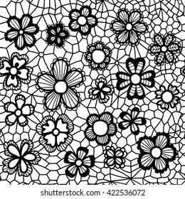 Lace black seamless pattern with flowers on white background