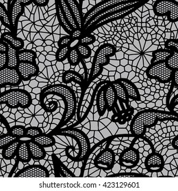 Lace black seamless pattern with flowers on grey background
