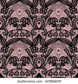 Lace black seamless pattern with flowers on white background