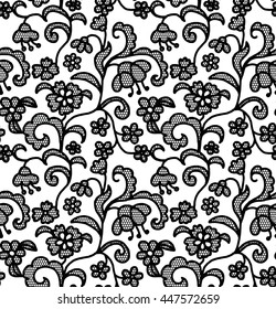 Lace black seamless pattern with flowers on white background