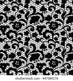 Lace black seamless pattern with flowers on white background