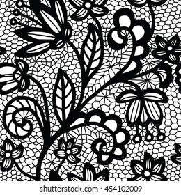 Lace black seamless pattern with flowers on white background