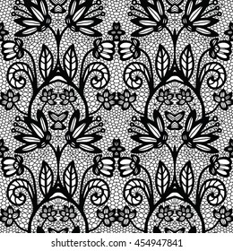 Lace black seamless pattern with flowers on white background