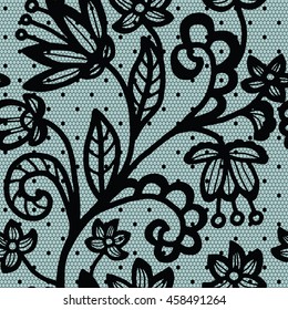 Lace black seamless pattern with flowers on blue background