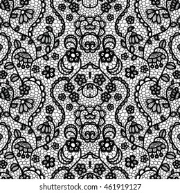 Lace black seamless pattern with flowers on white background