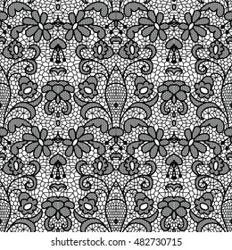 Lace black seamless pattern with flowers on white background
