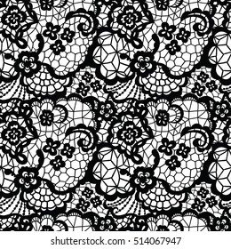 Lace black seamless pattern with flowers on white background