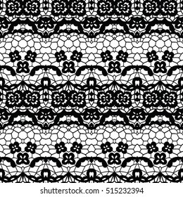Lace black seamless pattern with flowers on white background