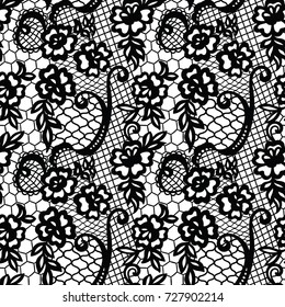 Lace black seamless pattern with flowers on white background