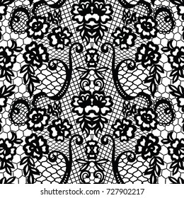 Lace black seamless pattern with flowers on white background
