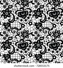 Lace black seamless pattern with flowers on white background