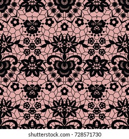 Lace black seamless pattern with flowers on white background