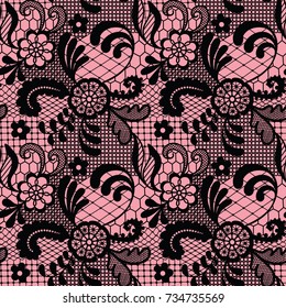 Lace black seamless pattern with flowers on pink background