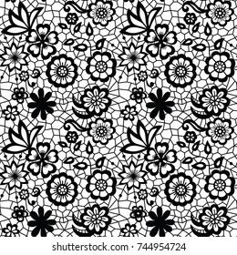 Lace black seamless pattern with flowers on white background