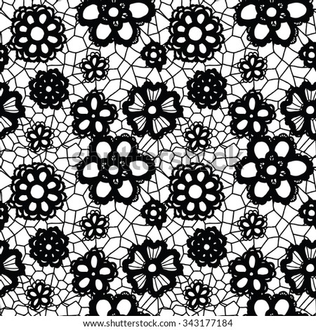 Lace black seamless pattern with flowers on white background