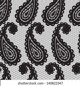 Lace black seamless pattern with paisley on white background