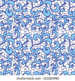 Lace blue seamless pattern with flowers on white background