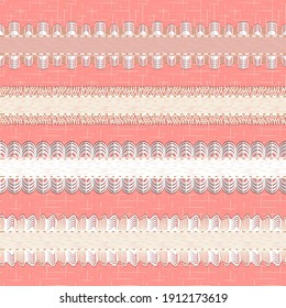 Lace Border Brushes Set And Endless Backrround Pink Color.Ribbons With Openwork Edges And A Ribbon With Thread Sides.Vintage Design Pattern For Setting Table,cake Decorating,holidays,scrapbooks.