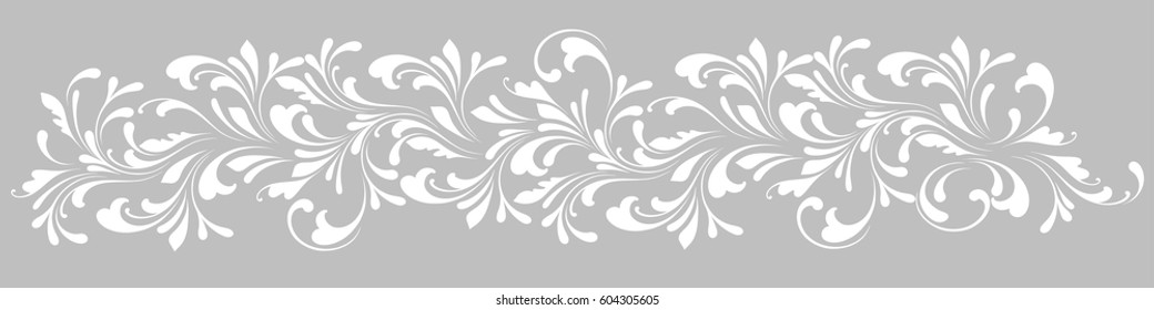 Lace border for decoration of leaves, flowers and swirls. Floral design element.