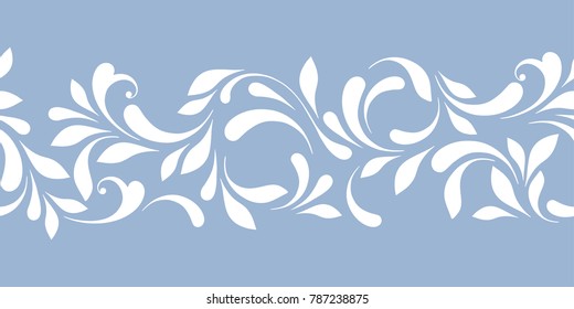 Lace border for decoration of leaves, flowers and swirls. Floral design element for ornamental background.