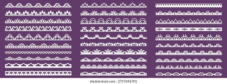 Lace border with delicate scallop patterns and elegant trim designs. Vector set of crochet edges, heart motifs and seamless ribbon lines for vintage embroidery frames and cute floral decorations.