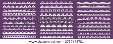 Lace border with delicate scallop patterns and elegant trim designs. Vector set of crochet edges, heart motifs and seamless ribbon lines for vintage embroidery frames and cute floral decorations.