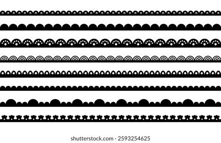 Lace border edge. Scallop pattern on fabric ribbon. Vector set of lines with ornament isolated illustration on white background.