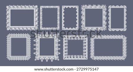 Lace border frame in rectangular and square shape. Guipure rectangles and floral filigree for wedding doily, bridal elegant invitations. Vintage white lace frames vector isolated laser cut set.