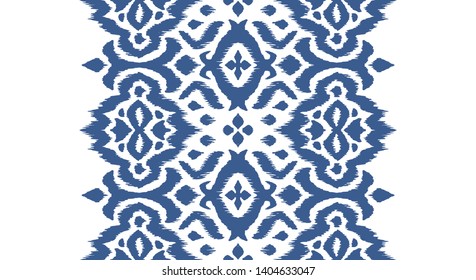 Lace border. Ikat seamless pattern. Vector tie dye shibori print with stripes and chevron. Ink textured japanese background. Ethnic fabric. Bohemian fashion. African creative. Damask rug. 