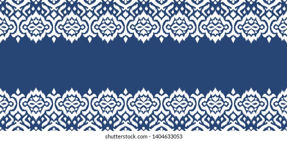 Lace border. Ikat seamless pattern. Vector tie dye shibori print with stripes and chevron. Ink textured japanese background. Ethnic fabric. Bohemian fashion. African creative. Damask rug. 