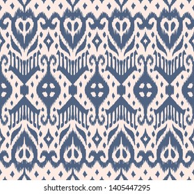 Lace border. Ikat seamless pattern. Vector tie dye shibori print with stripes and chevron. Ink textured japanese background. Ethnic fabric. Bohemian fashion. African creative. Damask rug. 