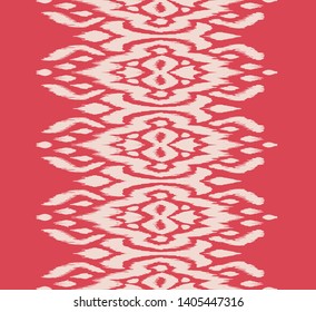 Lace border. Ikat seamless pattern. Vector tie dye shibori print with stripes and chevron. Ink textured japanese background. Ethnic fabric. Bohemian fashion. African creative. Damask rug. 