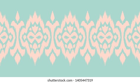 Lace border. Ikat seamless pattern. Vector tie dye shibori print with stripes and chevron. Ink textured japanese background. Ethnic fabric. Bohemian fashion. African creative. Damask rug. 