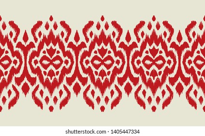 Lace border. Ikat seamless pattern. Vector tie dye shibori print with stripes and chevron. Ink textured japanese background. Ethnic fabric. Bohemian fashion. African creative. Damask rug. 