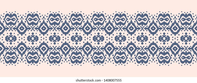 Lace border. Ikat seamless pattern. Vector tie dye shibori print with stripes and chevron. Ink textured japanese background. Ethnic fabric. Bohemian fashion. African creative. Damask rug.