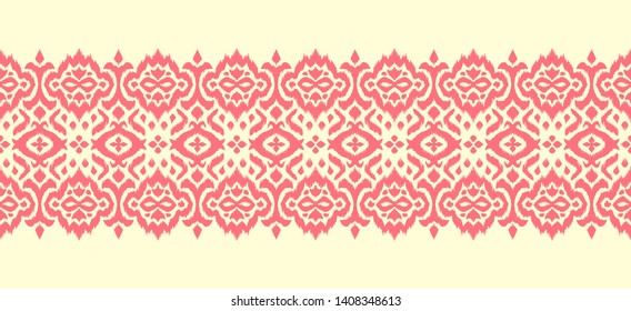 Lace border. Ikat seamless pattern. Vector tie dye shibori print with stripes and chevron. Ink textured japanese background. Ethnic fabric. Bohemian fashion. African creative. Damask rug. 