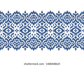 Borda de renda. Ikat padrão sem emenda. Impressão shibori de tintura de gravata vetorial com listras e divisas. Plano de fundo japonês texturizado de tinta. Tecido étnico. Moda boêmia. Criativo africano. Tapete de damasco. 