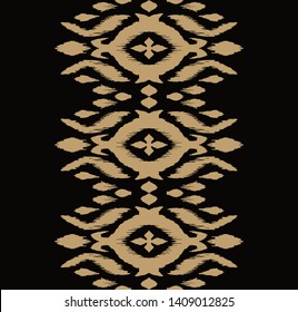 Lace border. Ikat seamless pattern. Vector tie dye shibori print with stripes and chevron. Ink textured japanese background. Ethnic fabric. Bohemian fashion. African creative. Damask rug.